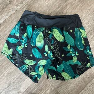 Oiselle Black and Green Athletic Shorts with Tropical Leaf Print
